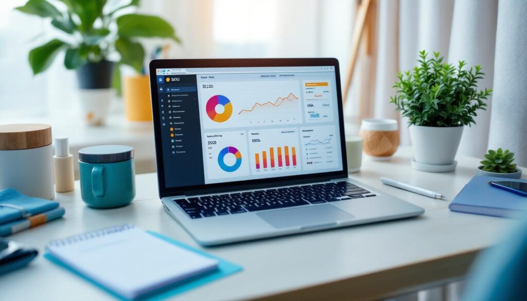 A futuristic eCommerce dashboard showing SEO tools, traffic analytics, and product listings.